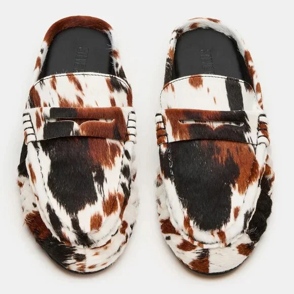 Steve Madden Rafe Penny Loafer MULES Slip On Size 6.5 Brown Cow Calf Hair EUC - Picture 1 of 16